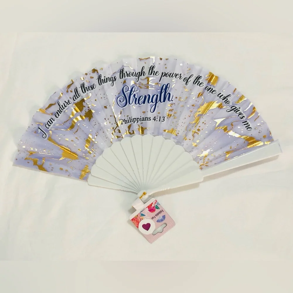 Hand foldable fan inspirational Philippians 4:13. 10”L opens 19” W.